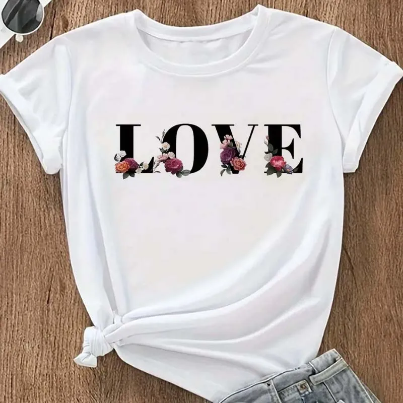 New Floral Letter Love Trendy Design Printed Women T-shirts Summer Casual Short Sleeves Tee Tops Streetwear Women Tshirt - Image 2